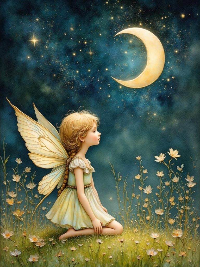 Enchanting Fairy and Moon in Stained Glass Style