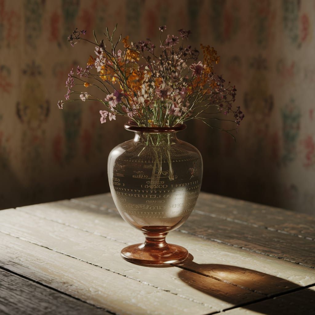 Depression-Era Glass Vase with Wildflowers in 3D