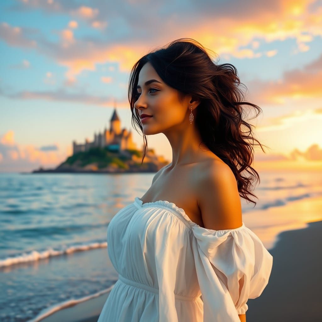 Woman on Beach at Sunset in Romantic Style