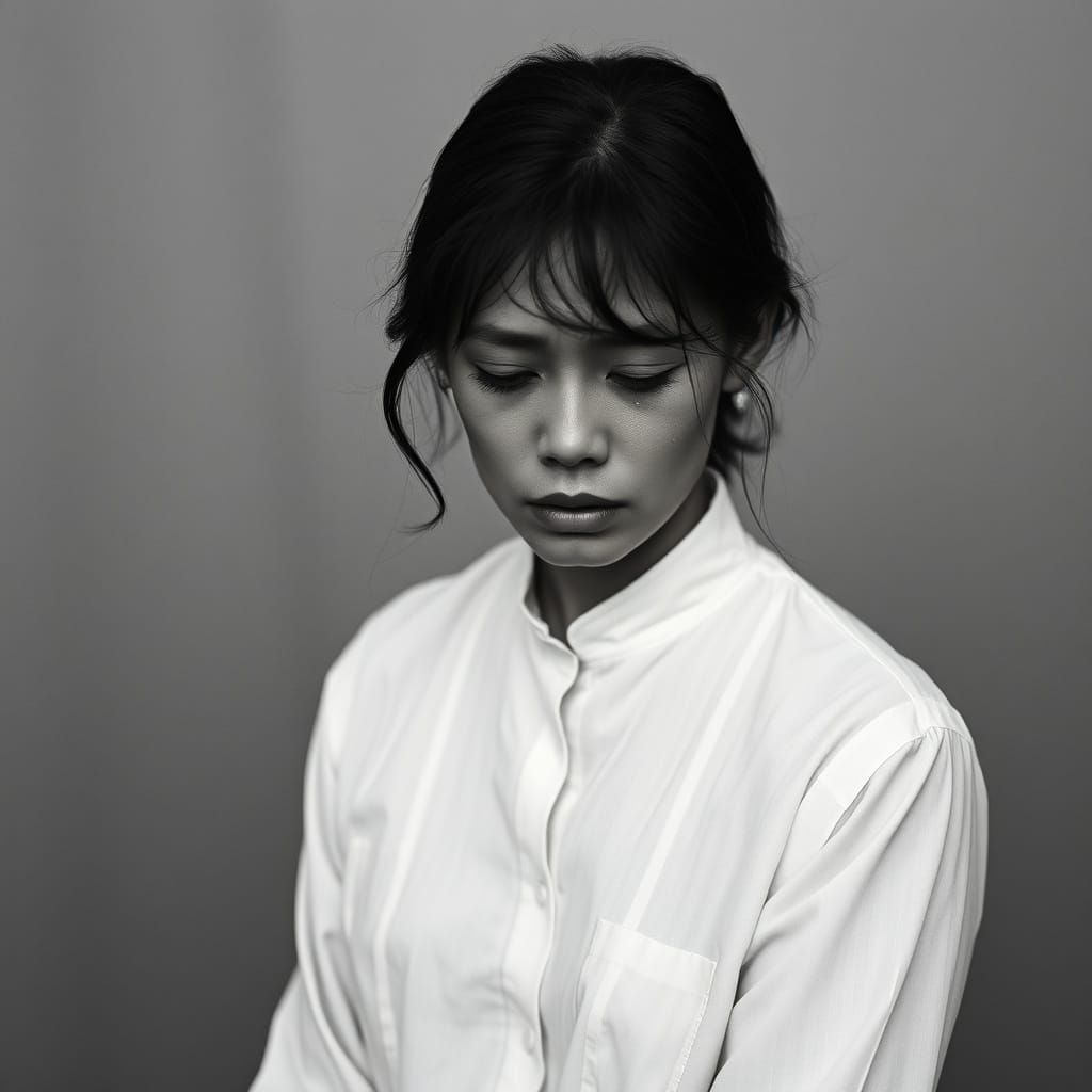 Sorrowful Woman with Drying Tears in Photorealistic Style