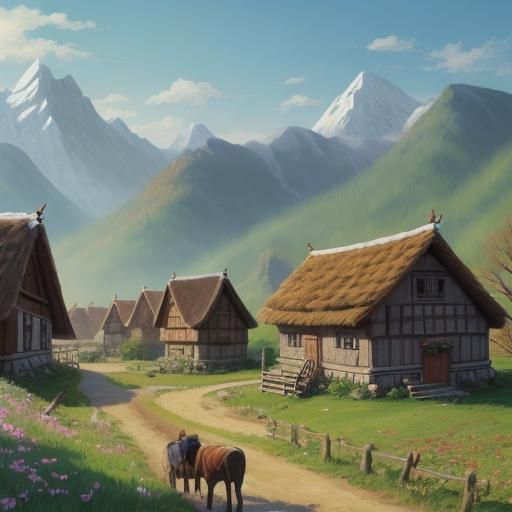 Springtime Village in High Mountain Landscape
