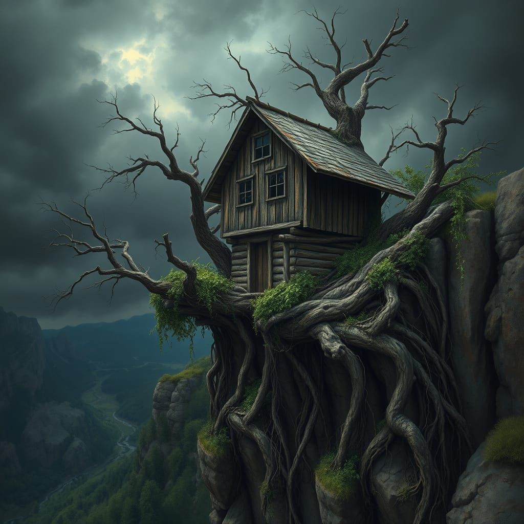 Weathered Treehouse on a Rugged Cliff in Dramatic Landscape