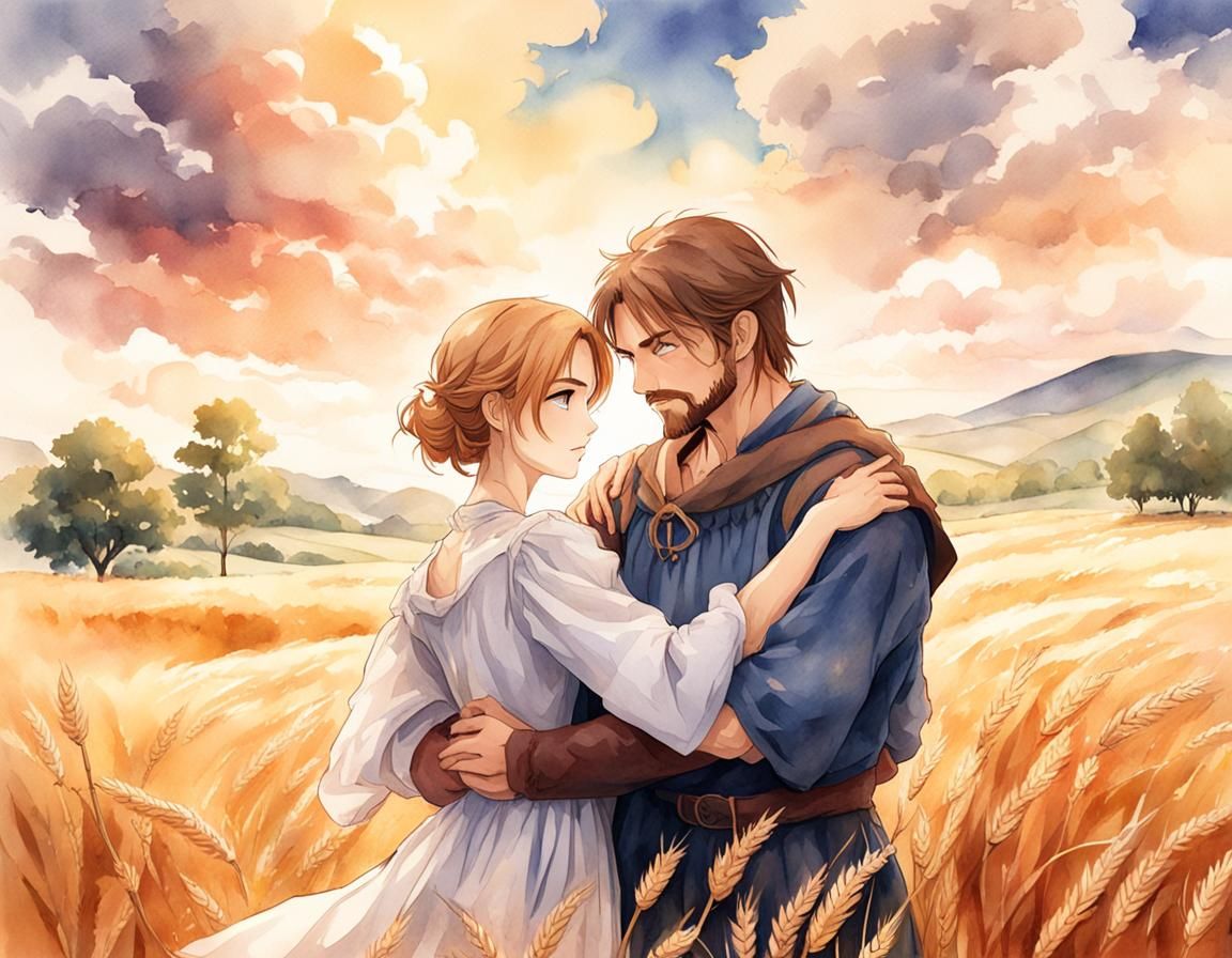 Romantic Couple Embrace in Anime Style Wheat Field