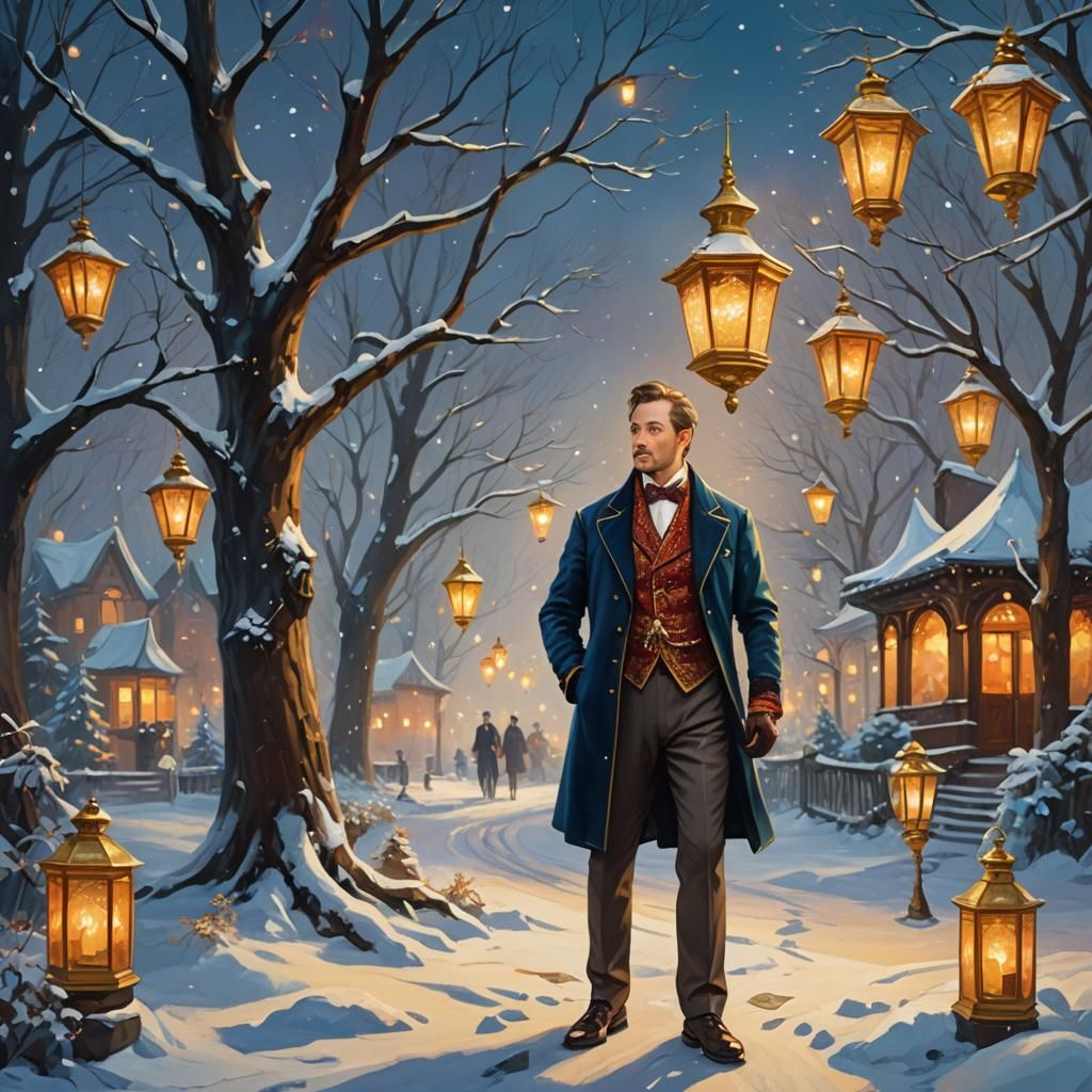 Elegant Winter Gentleman in Vibrant Fantasy Landscape