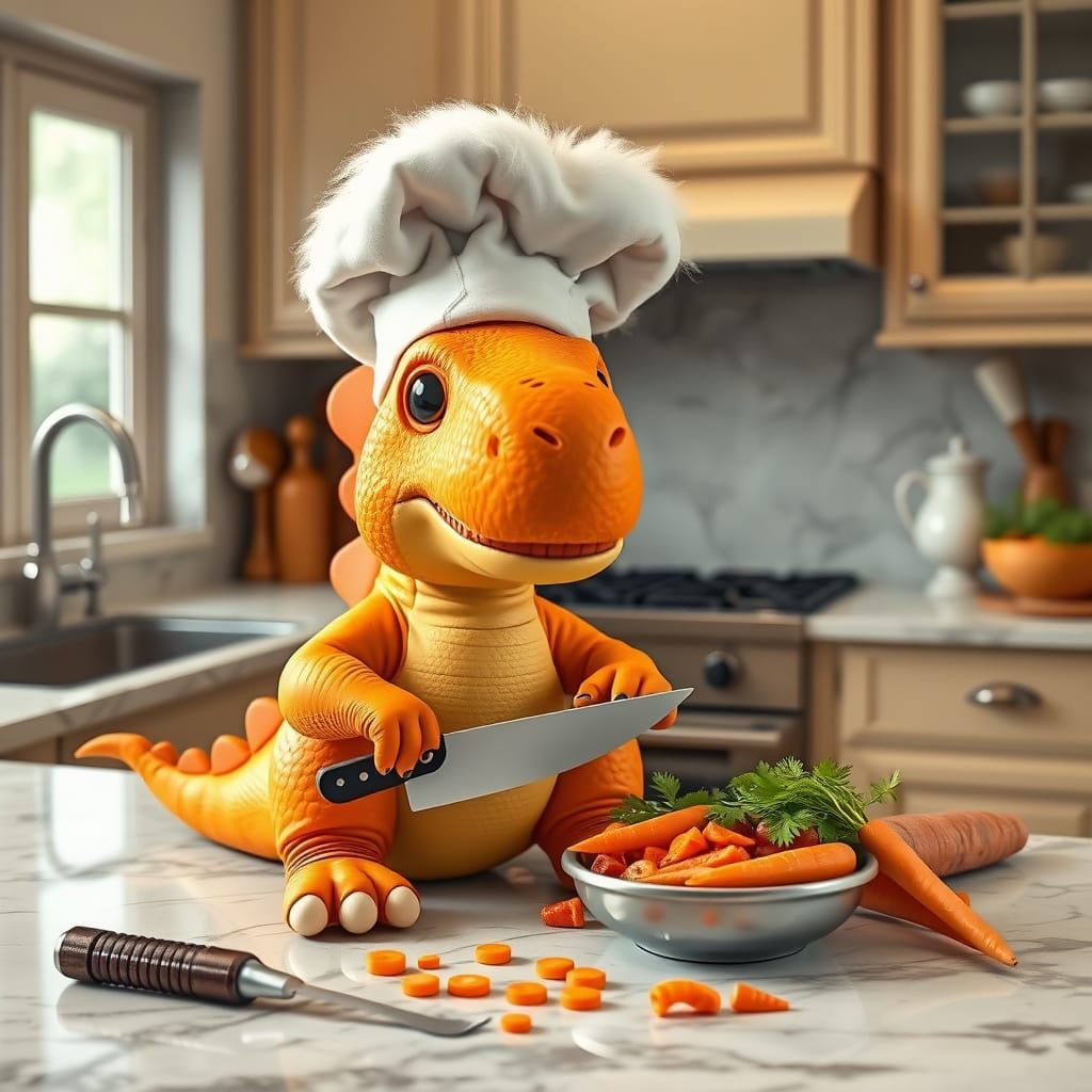 Chef Baby Dinosaur Prepares Veggie Stew in Marble Kitchen