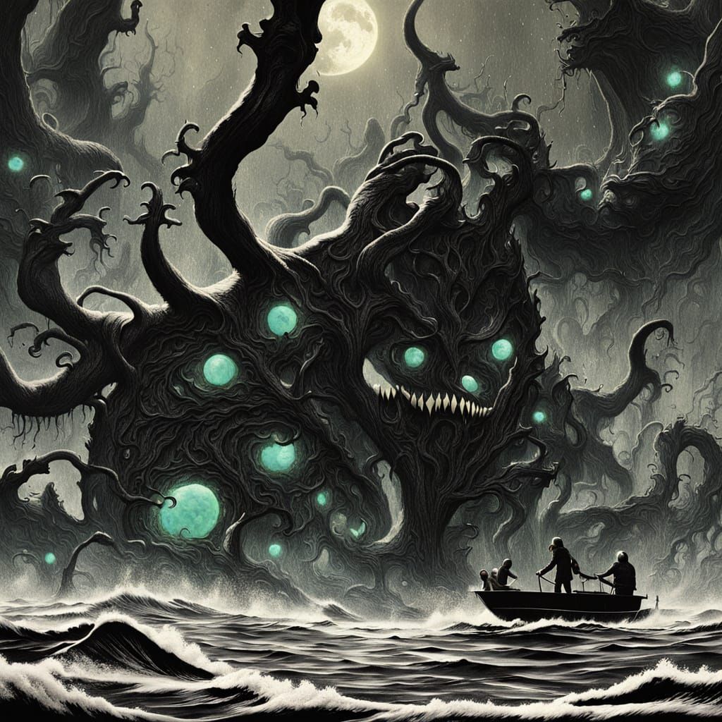 Bioluminescent Beast Confronts Ancient Fishing Boat in Dark ...