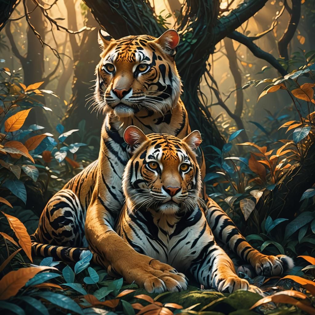 Ocelot and Tiger Cuddling in Mystical Forest