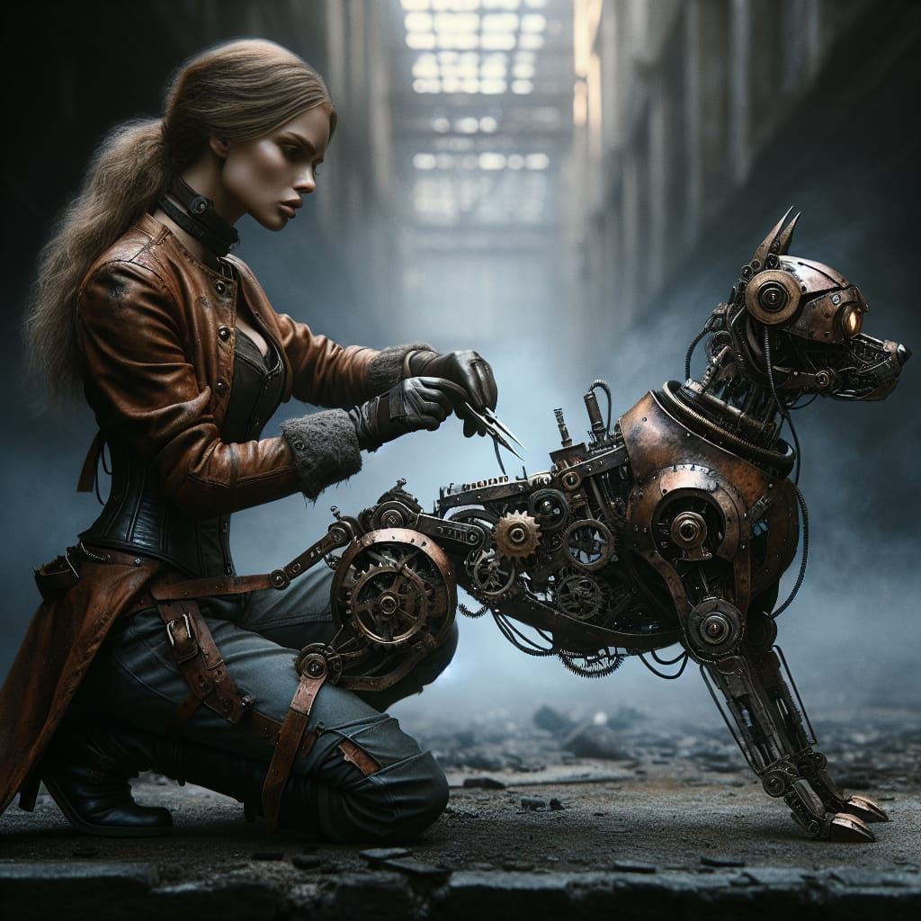 Steampunk Girl Assembling Mechanical Dog in Urban Setting