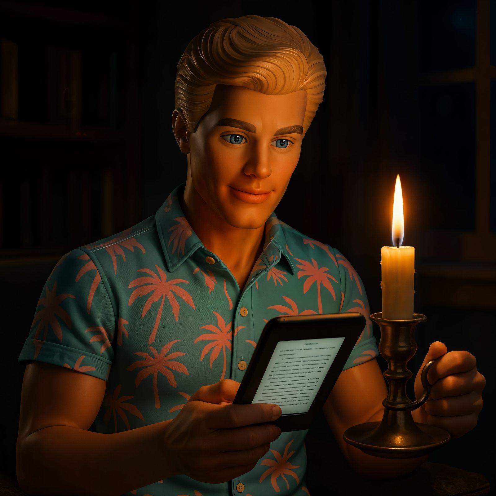CGI Ken Doll Reads Kindle by Candlelight
