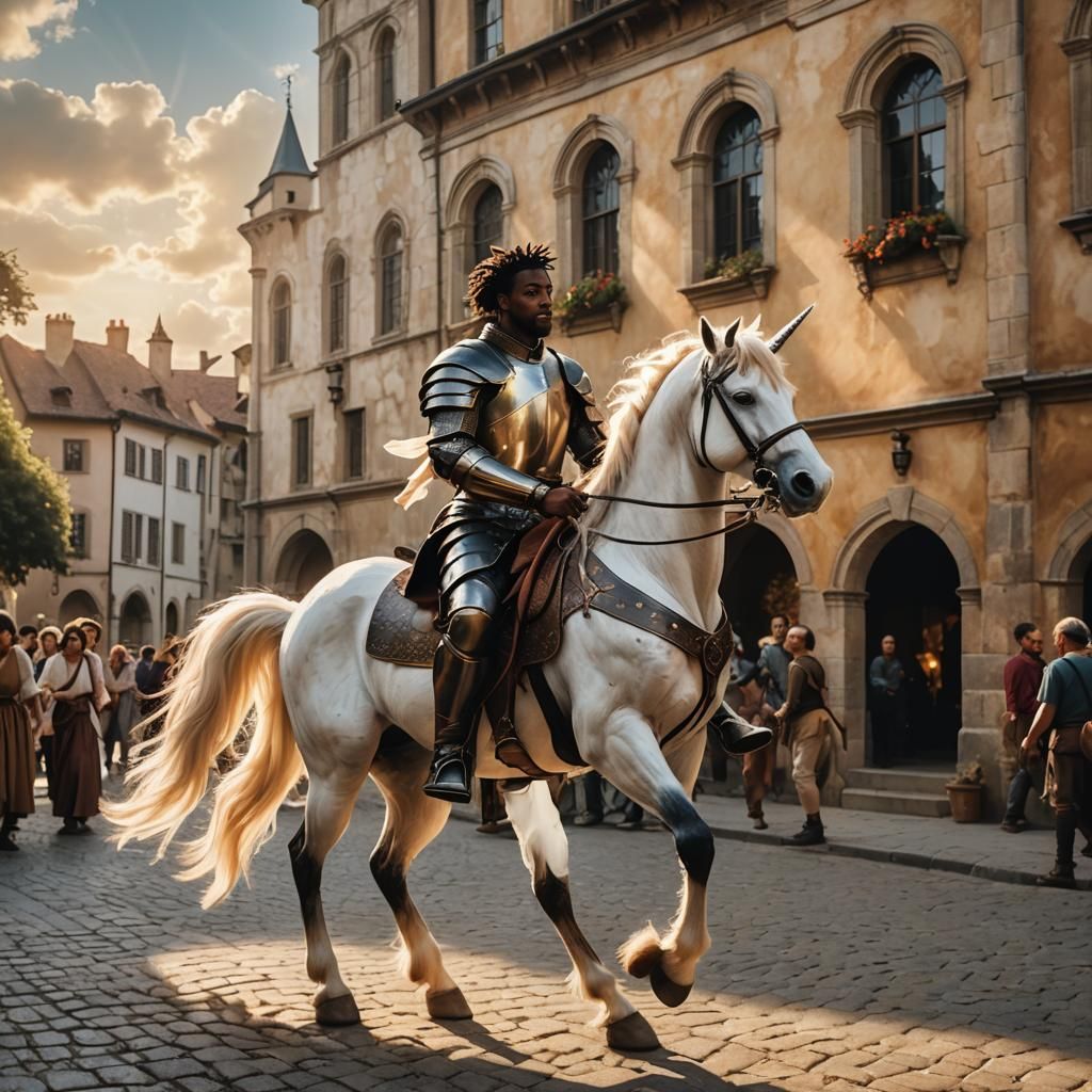 Black Knight Trains Unicorn in Renaissance Style