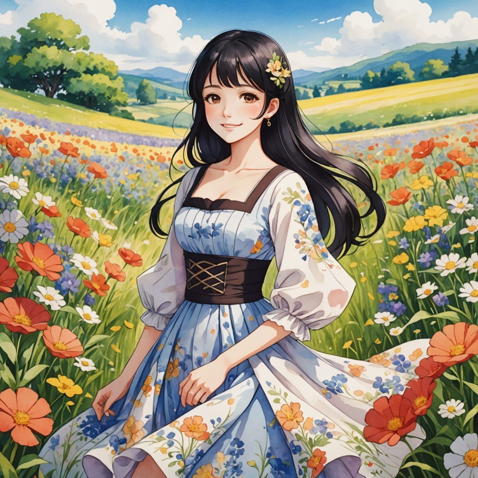 Anime-Style Woman in Flower Field
