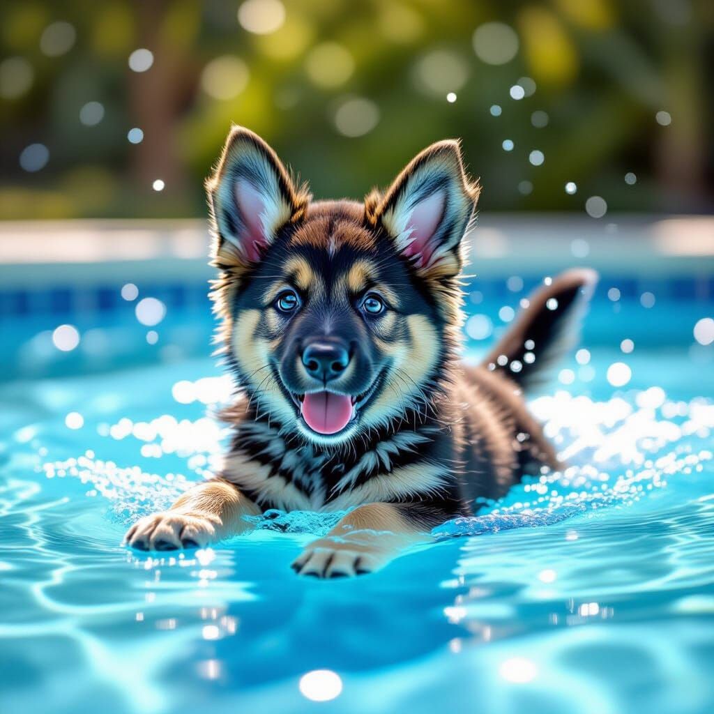 Cute German Shepherd Puppy Swimming in Pool