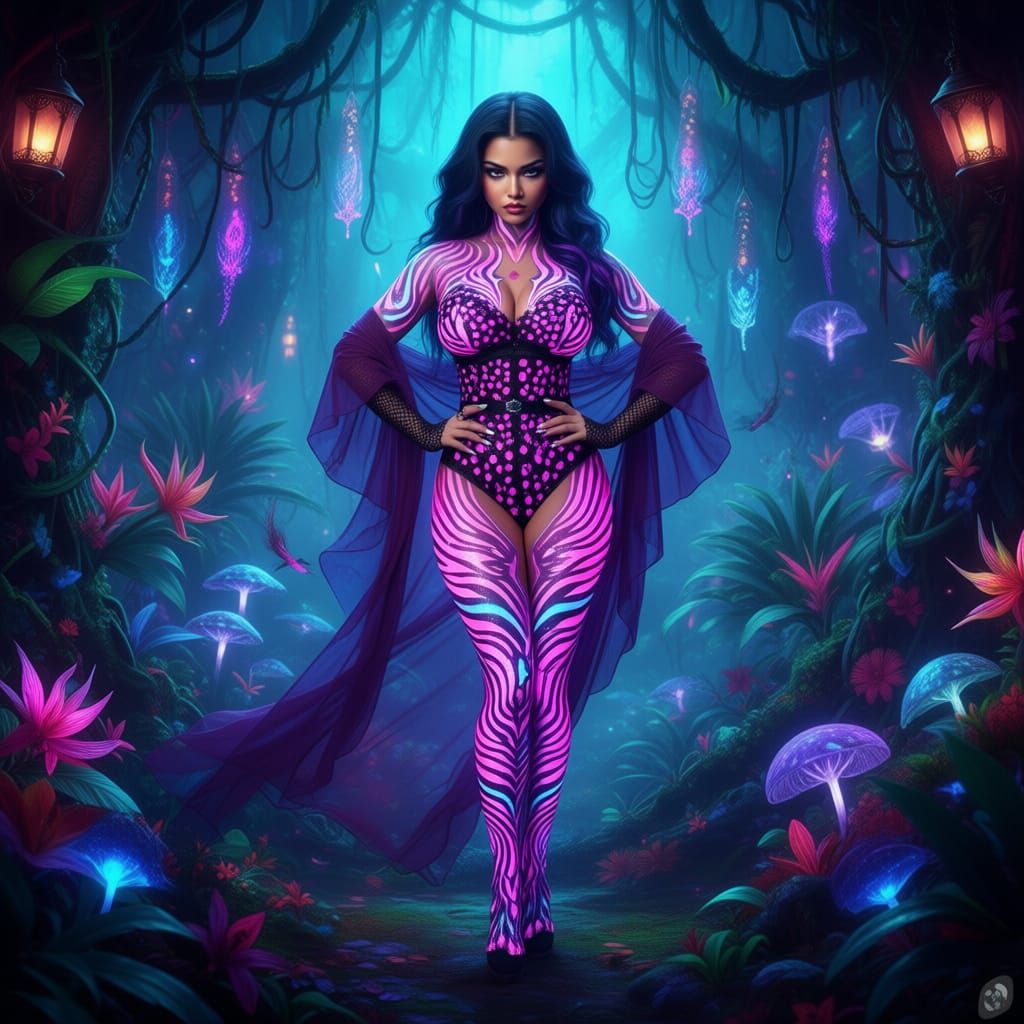 Goth Latina Woman in Sequined Leopard Gown with Bioluminesce...