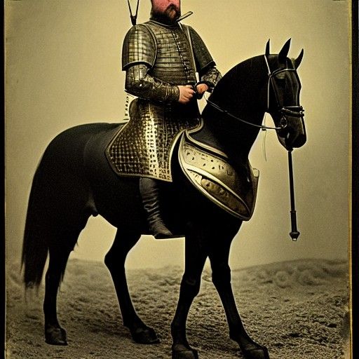 The warlord sits on a black horse