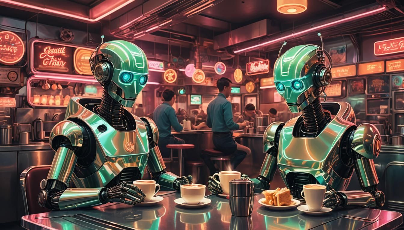Futuristic Robot Diner: Neon Coffee Date