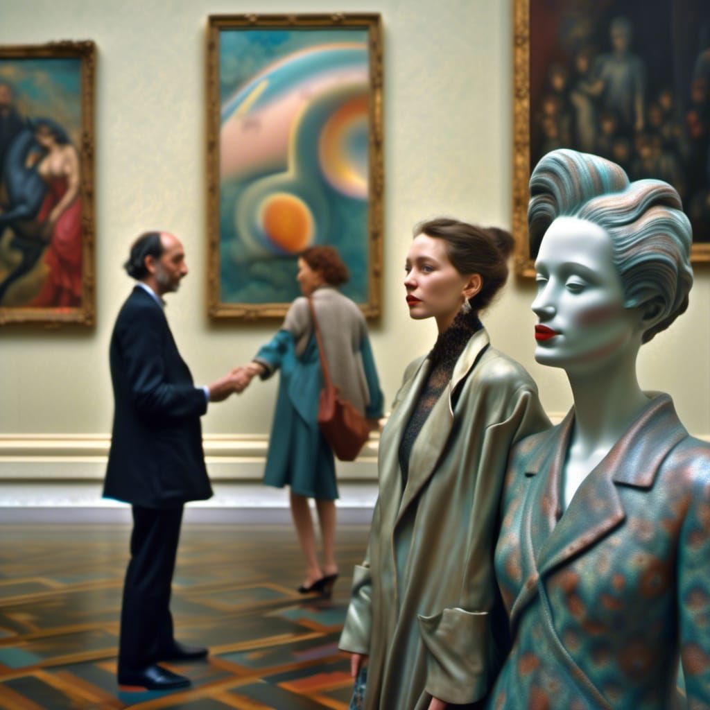 Happy Couple in Art Museum: Hyperrealistic Photograph