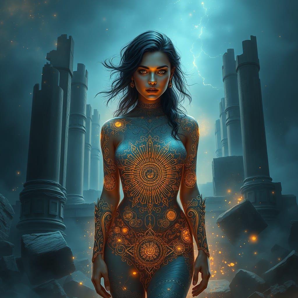 Woman With Celestial Tattoos in Ethereal Ruins