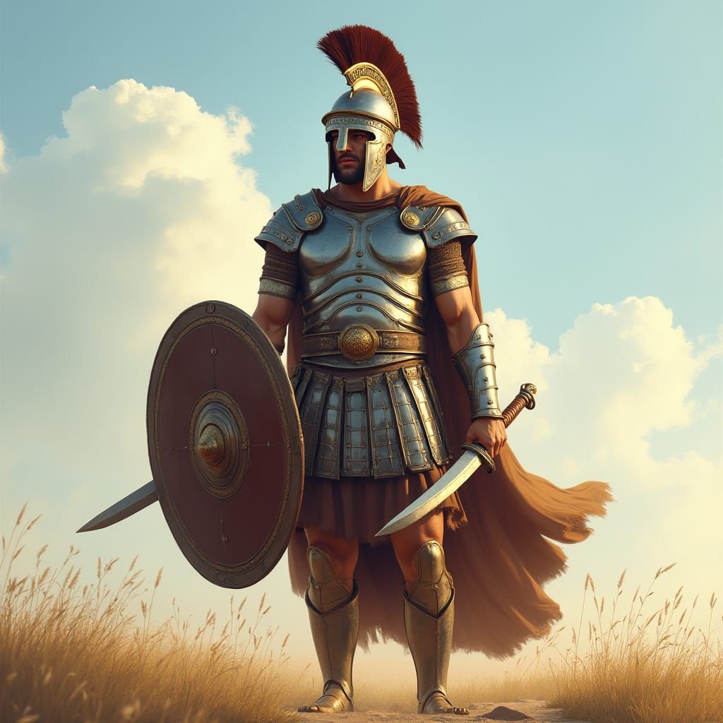 Ancient Greek Warrior in Regal Armor on Sunlit Battlefield