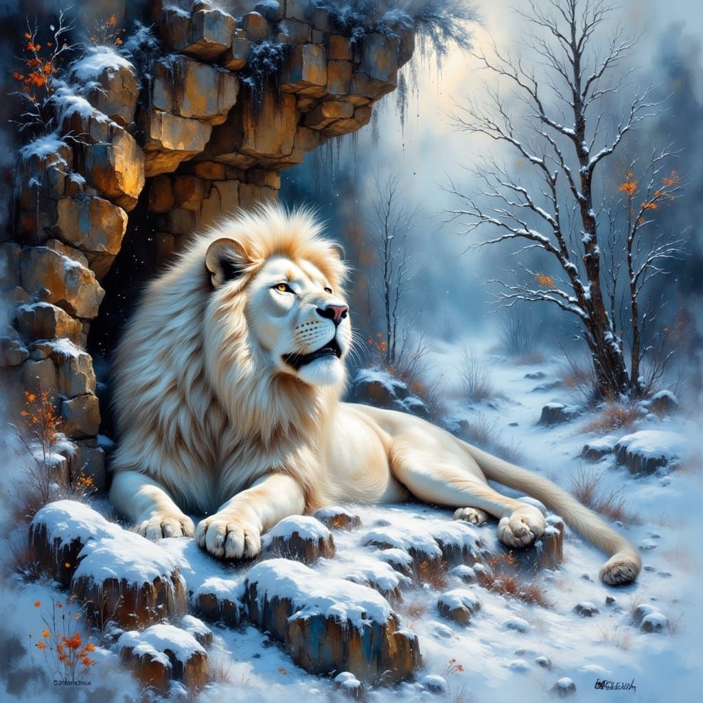 White Lion in Snowy Cave as Impasto Painting