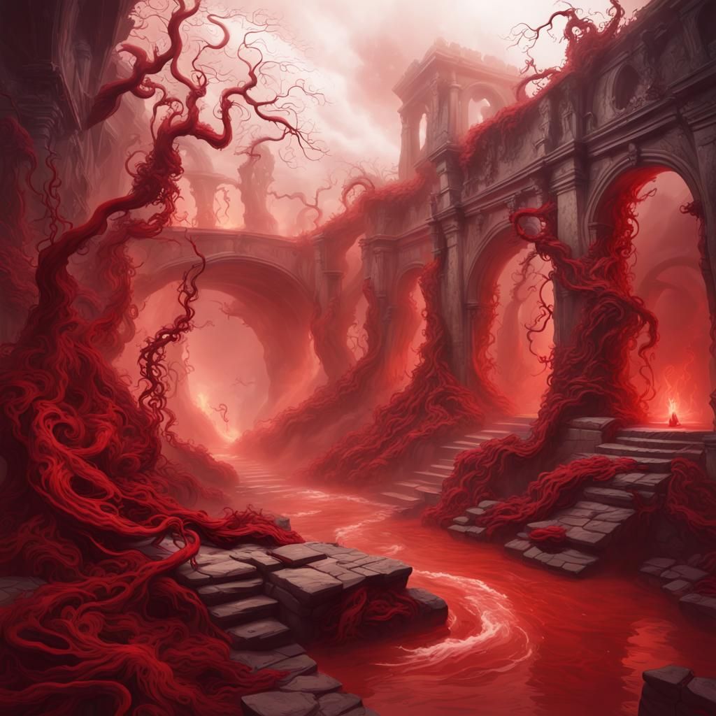 River Styx in Red Monochromatic Surreal Art