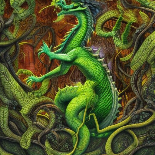 Dragon in Overgrown City: Holographic Astral Illustration