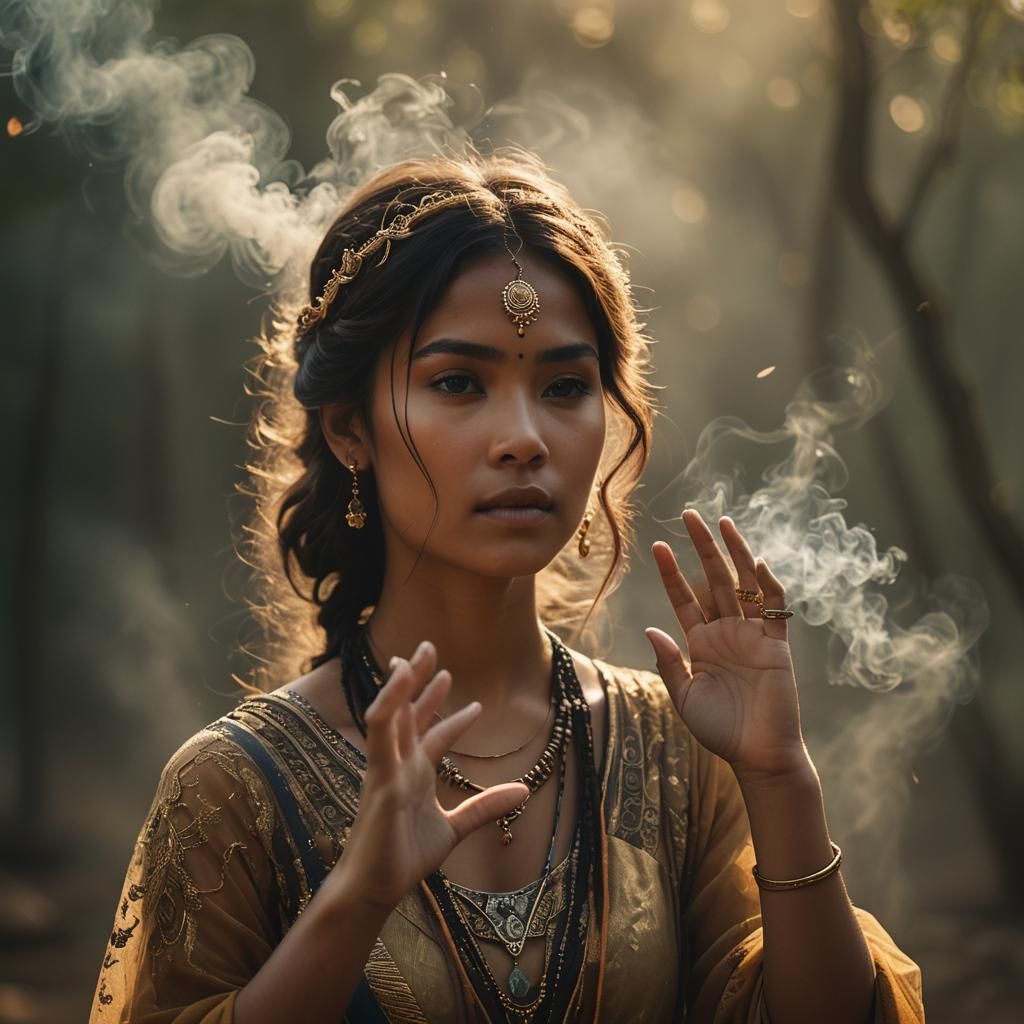 Ethereal Woman in Smoky Mist: Cinematic Film Still