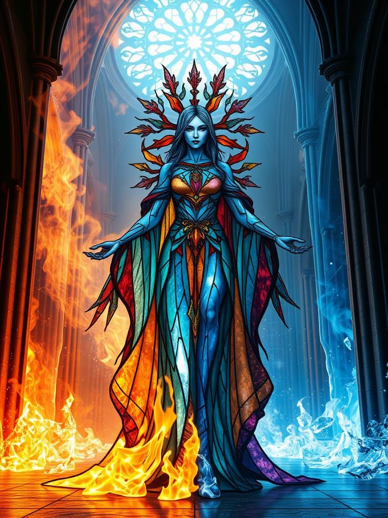 Surreal Goddess of Frost and Flames in Stained Glass