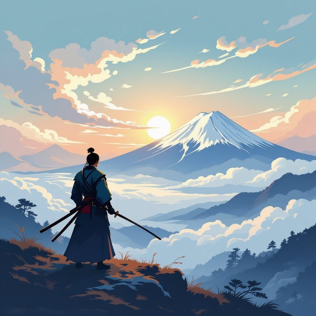 Samurai on Snowy Peak in Woodblock Print Style