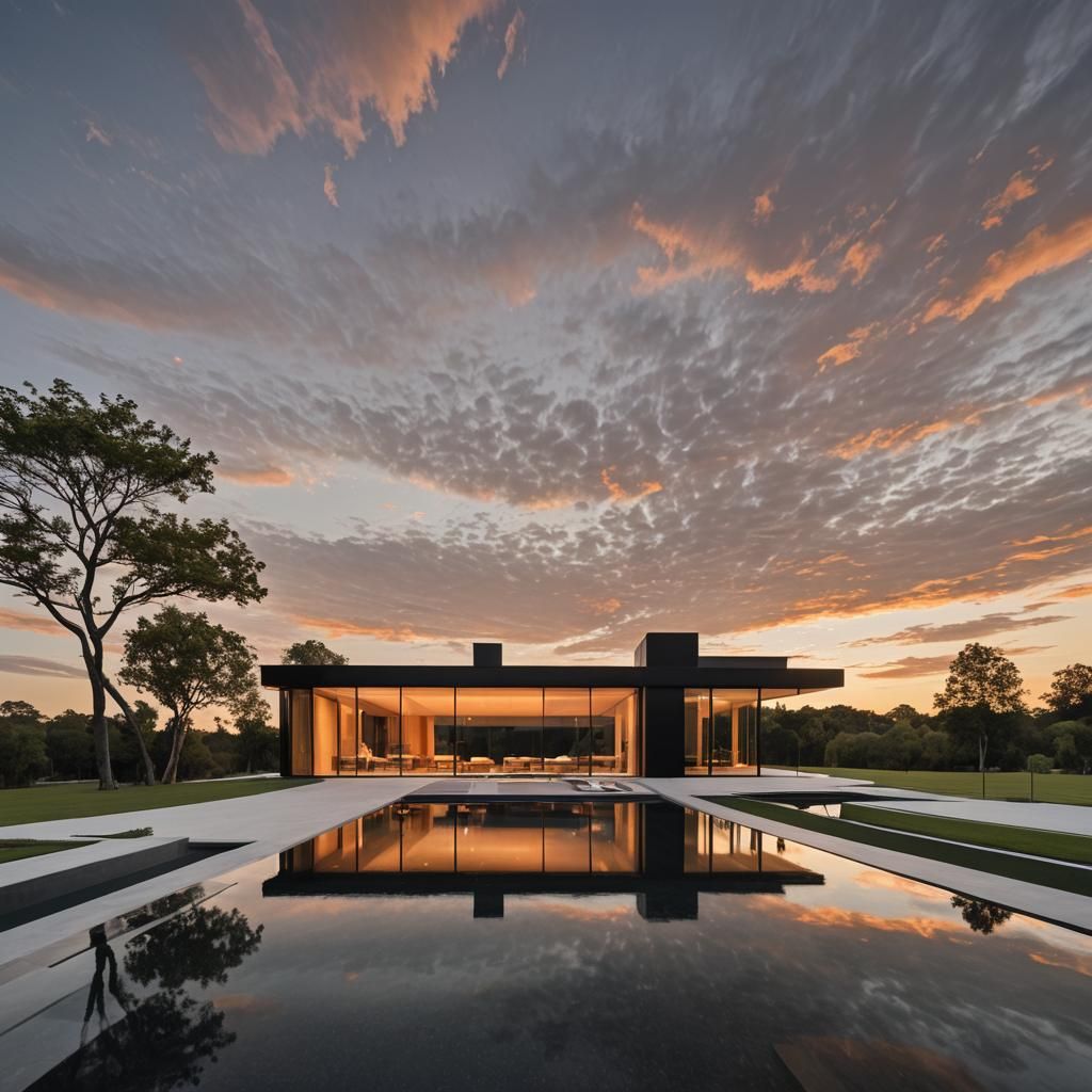 Modern Mansion with Infinity Pool at Sunset