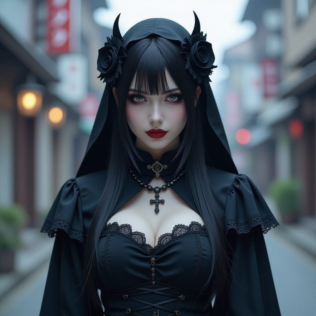 Gothic Japanese Woman in Stormy Underworld