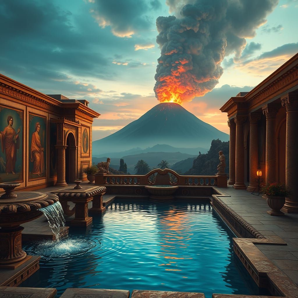 Ethereal Pompeii Villa in Golden Hour with Vesuvius Eruption