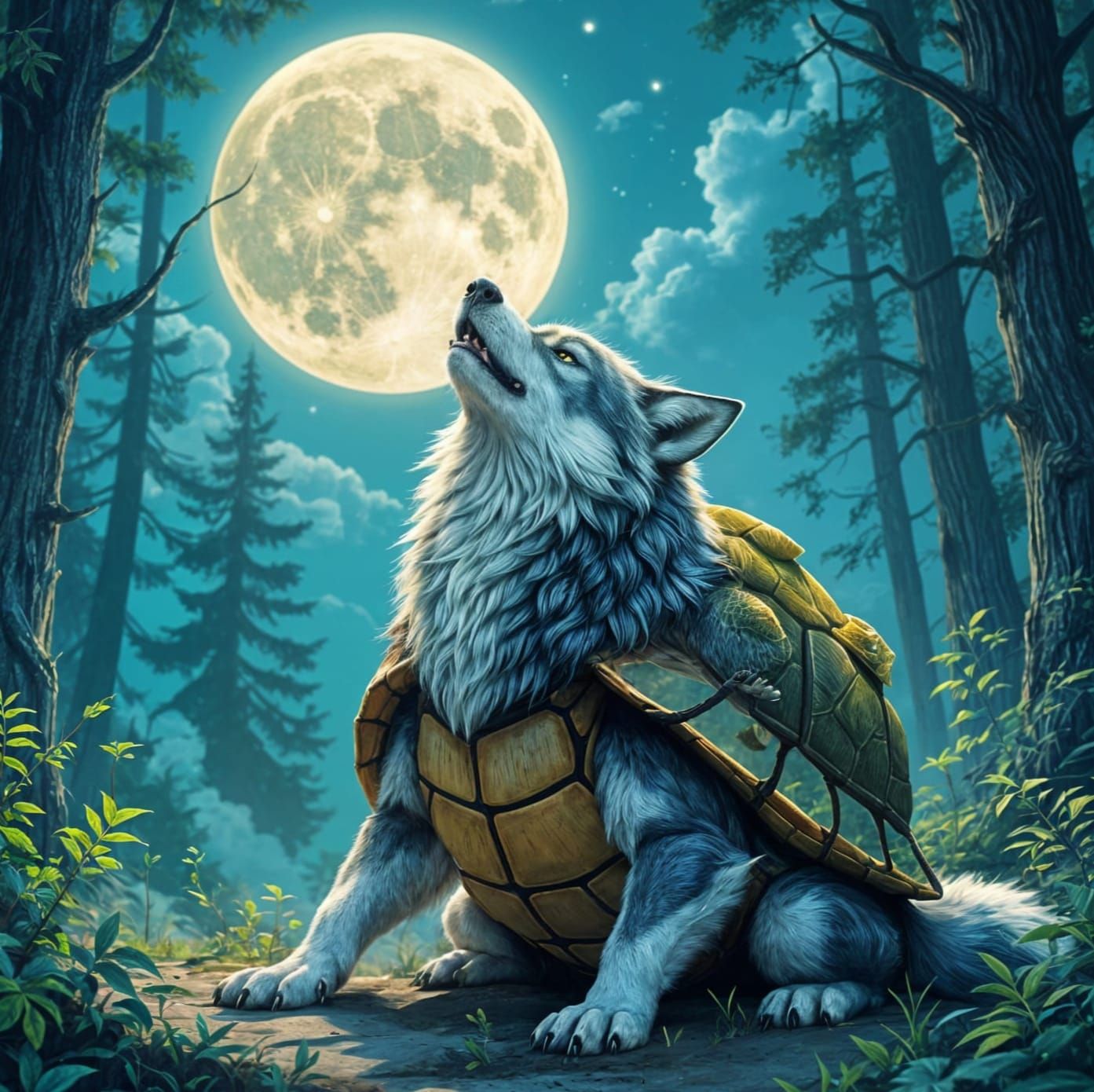 Turtle-Wolf Hybrid Howling at Moon