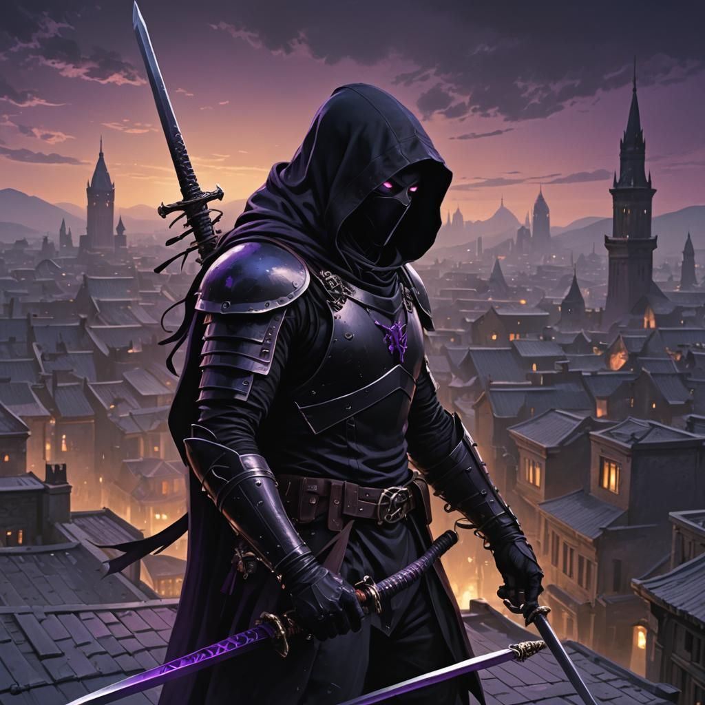 Dark Fantasy Figure with Katana on Rooftop