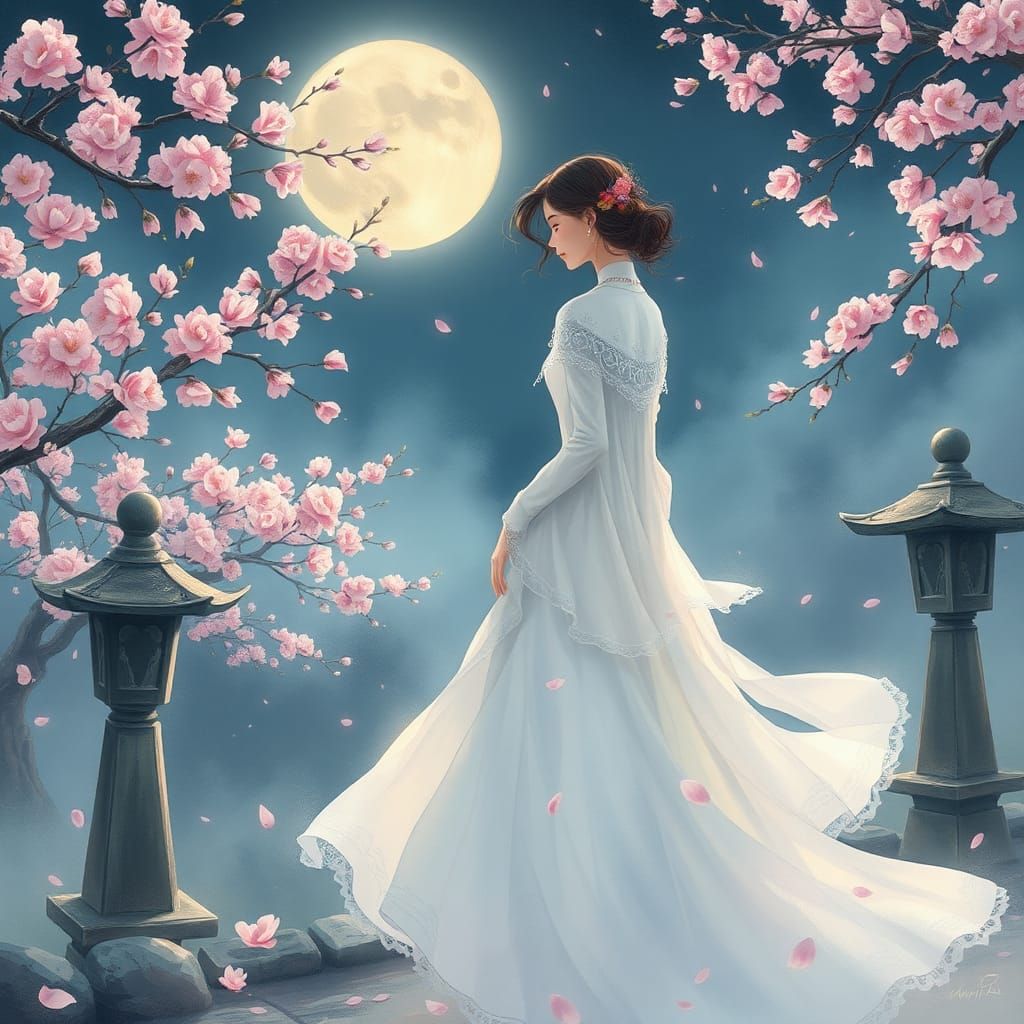 Moonlit Garden: Anime Woman in White