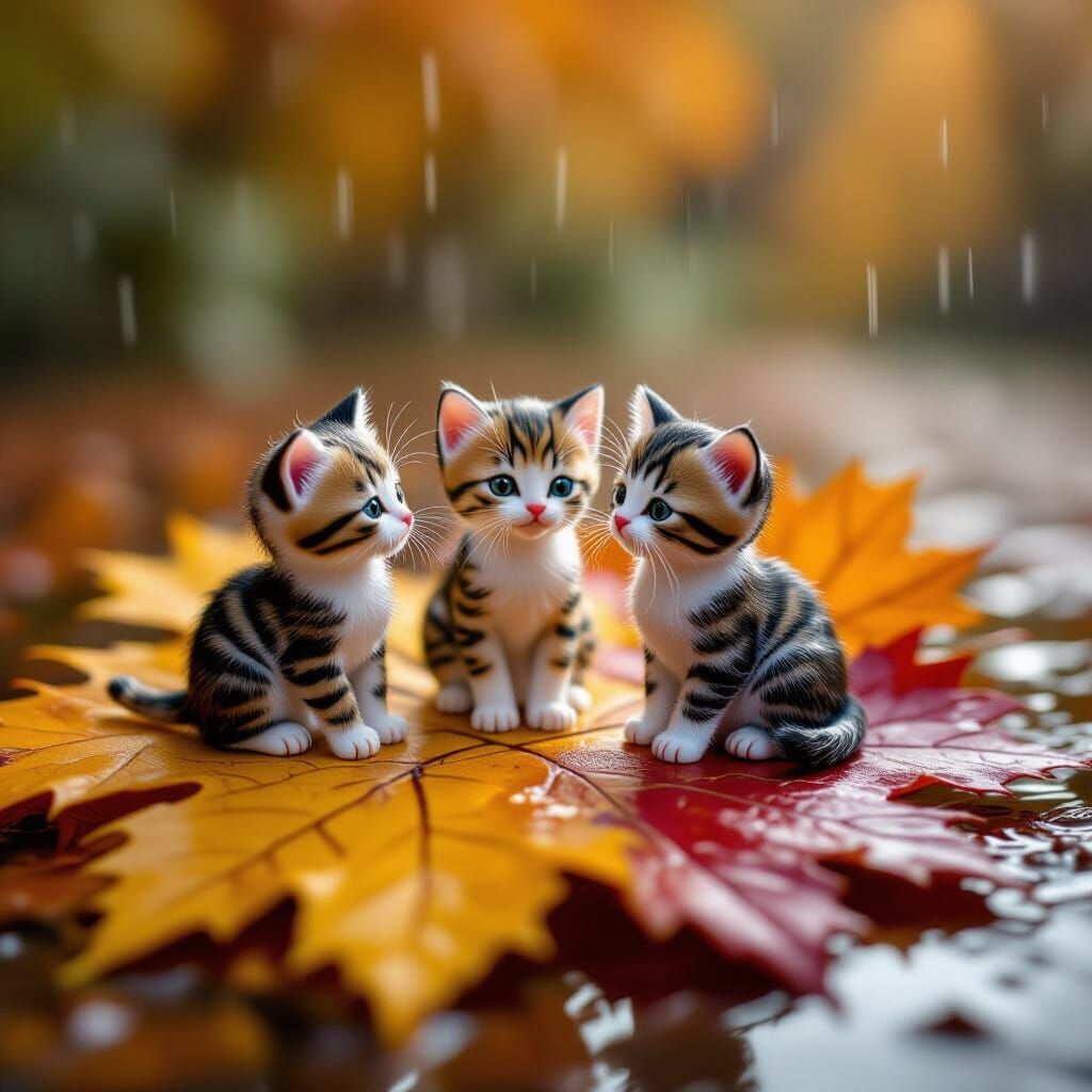 Glass Kittens on Autumn Leaf in Morning Rain