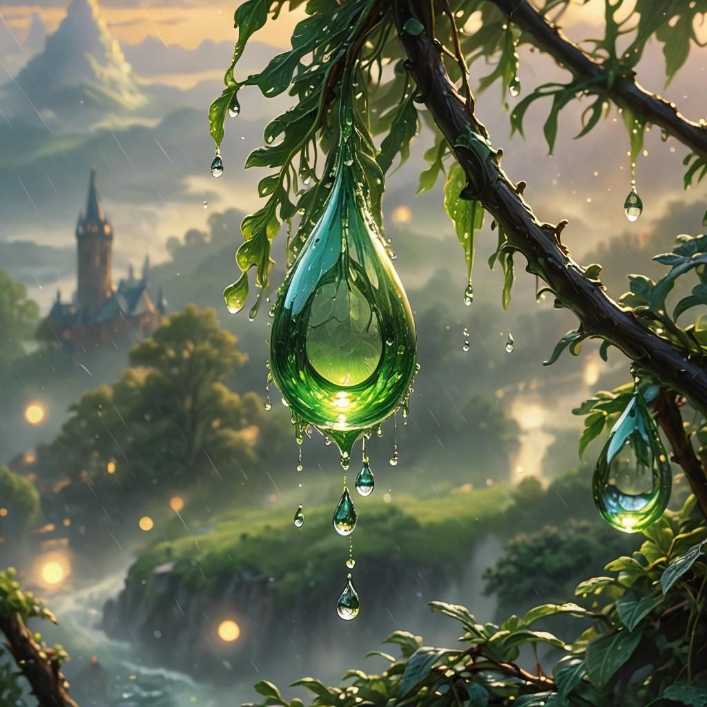 Glowing Green Raindrop in Dreamlike Fantasy Art