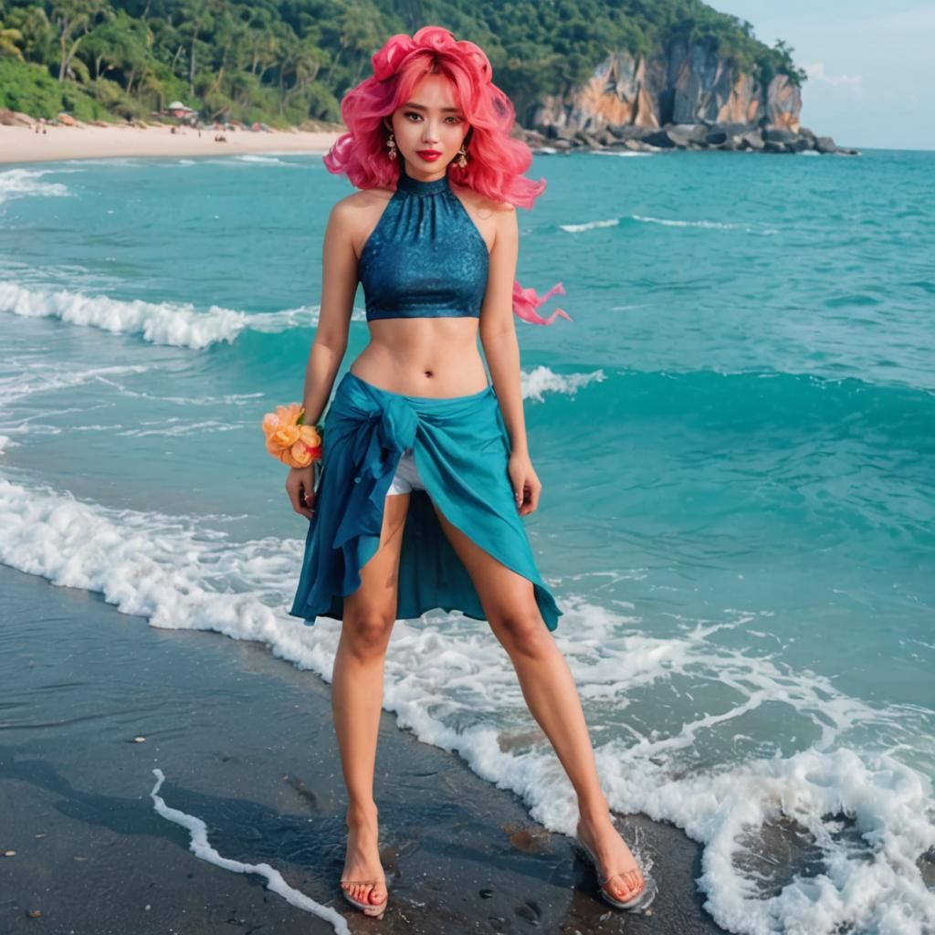 Woman on Rocky Beach in Soft Pastel Colors