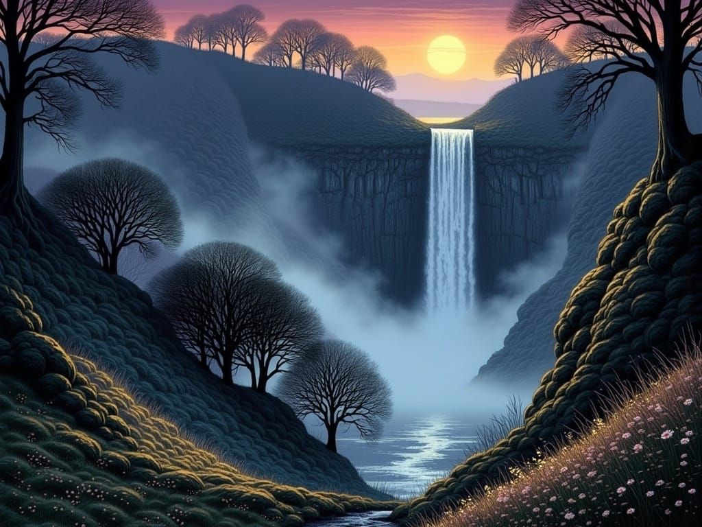 Surreal Mignola-Style Waterfall Amidst Enchanted Misty Valle...