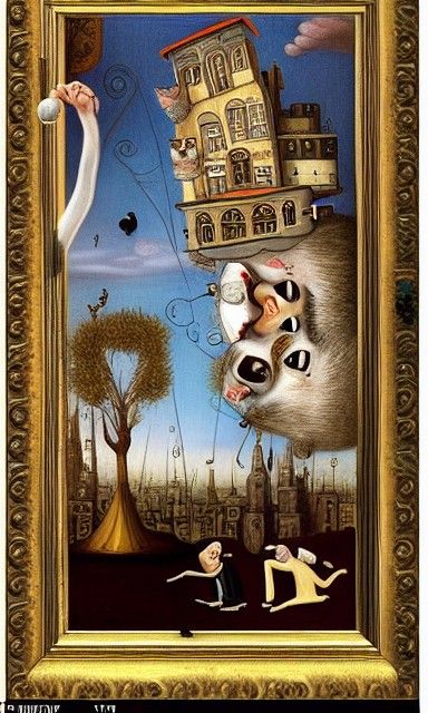 Whimsical Cat Topped with City, in Burton Style