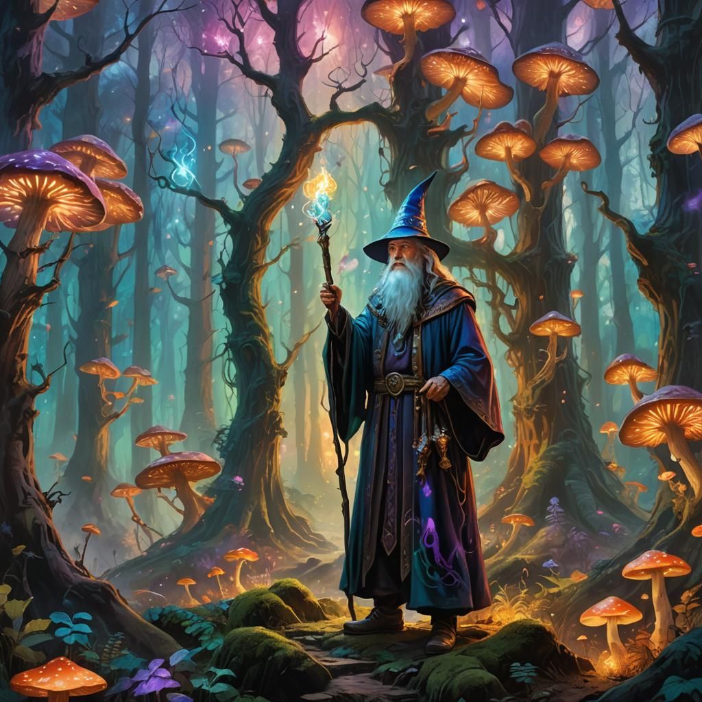 Wizard in Mystical Forest Oil Painting