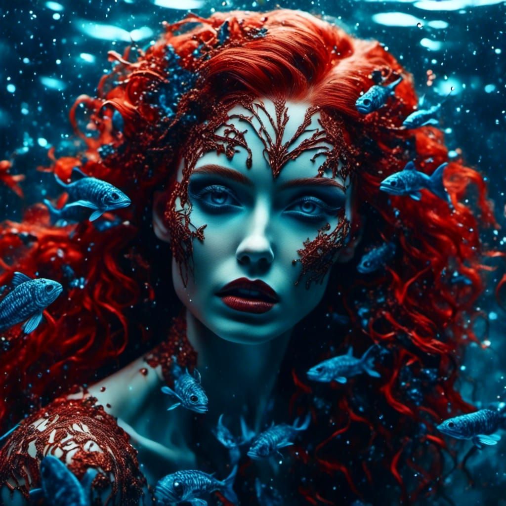 Beautiful Red-Headed Siren Singing in the Sea