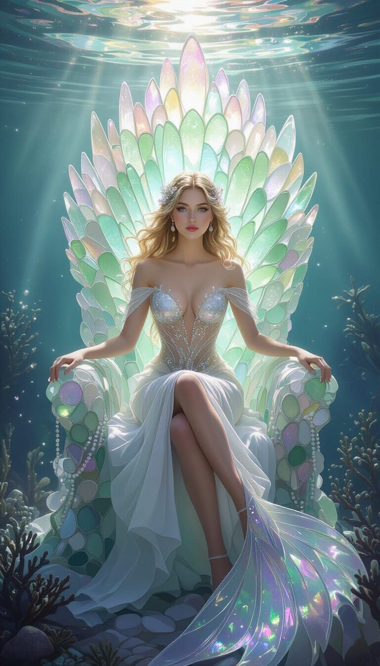 Ethereal Sea Goddess on Iridescent Sea Glass Throne