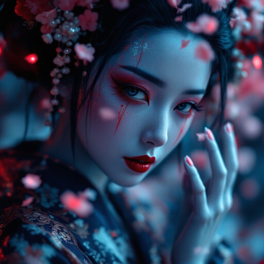 Geisha with Hannya Mask in Gothic Lighting