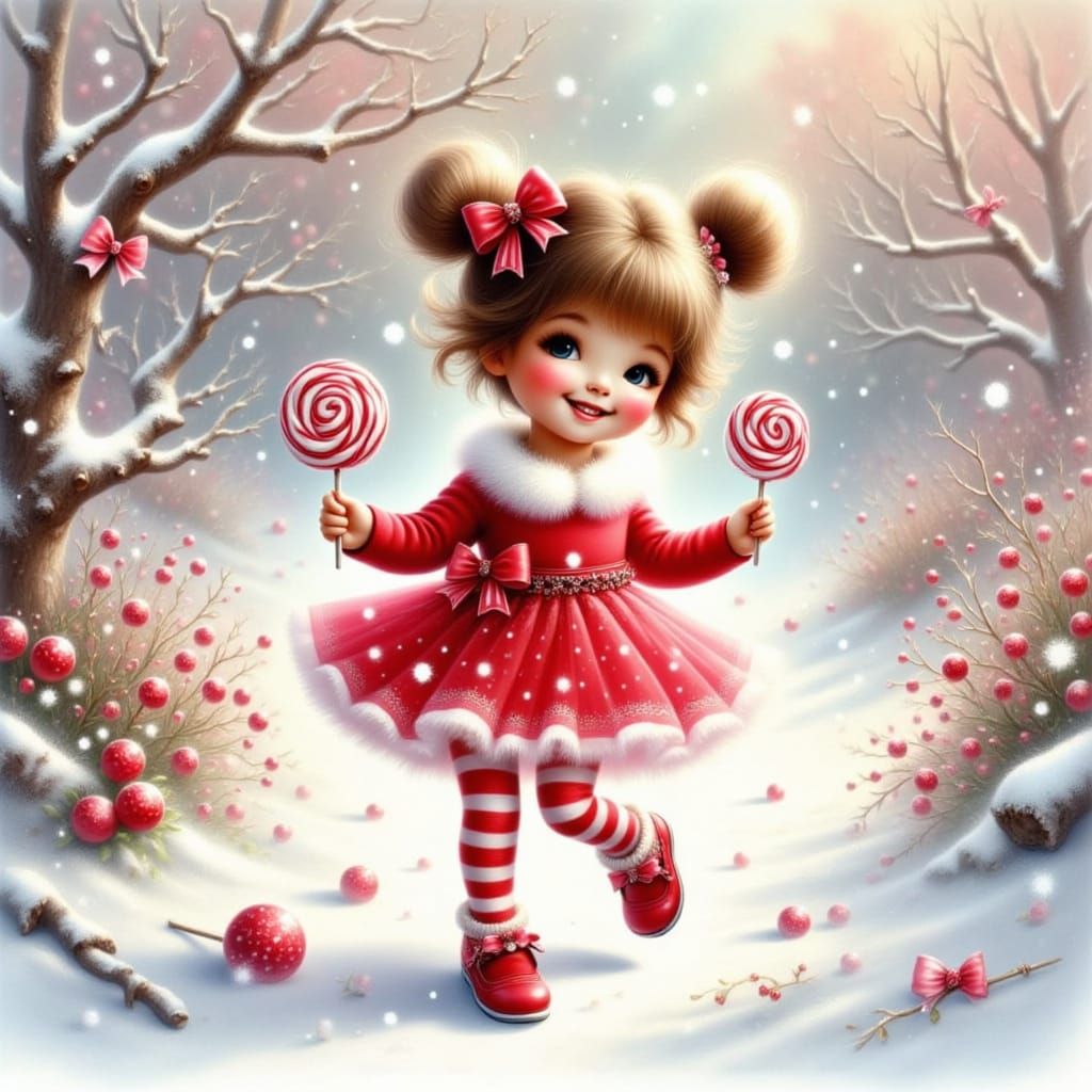 Smiling Girl in Festive Red and White Walks Through Snowy Pa...