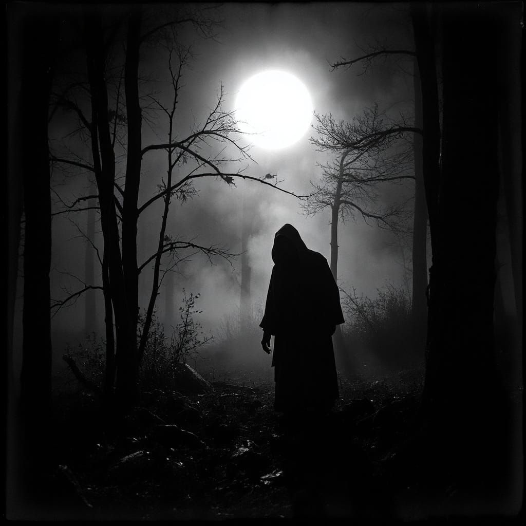 Medieval Priest Lost in Misty Bog: High Contrast Scene