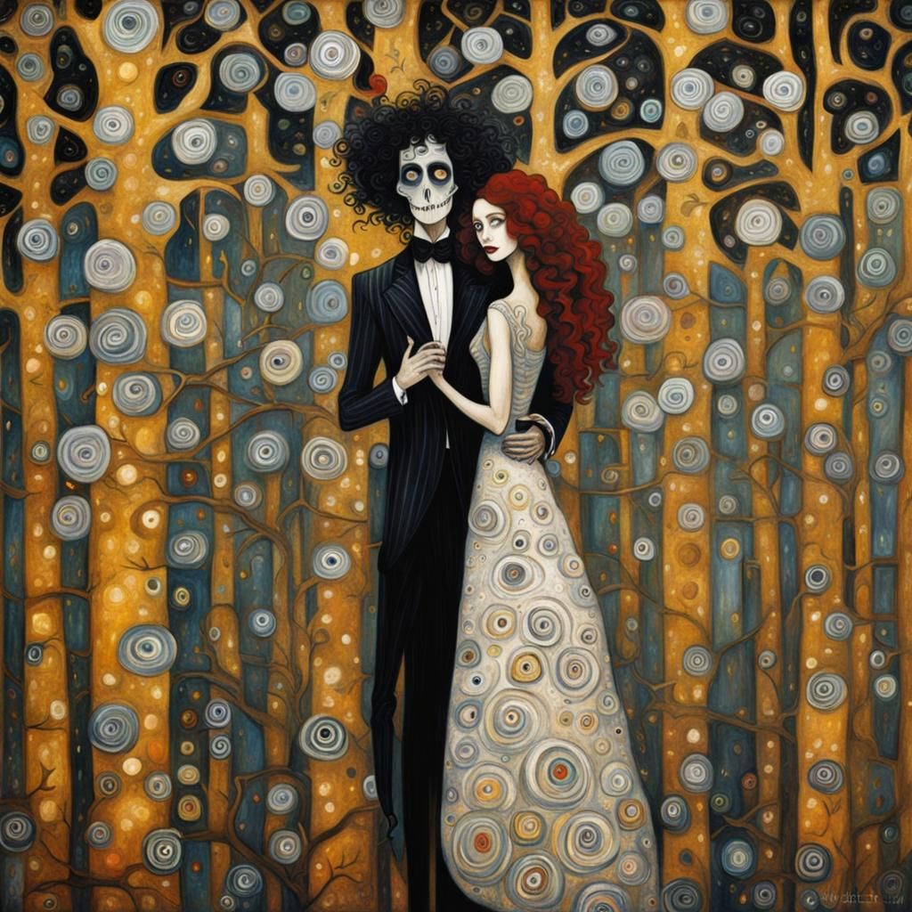 Klimt Style Painting of Tim Burton Universe