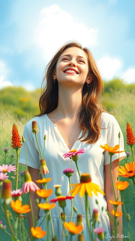 Serene Woman in Lush Meadow, Impressionist Style