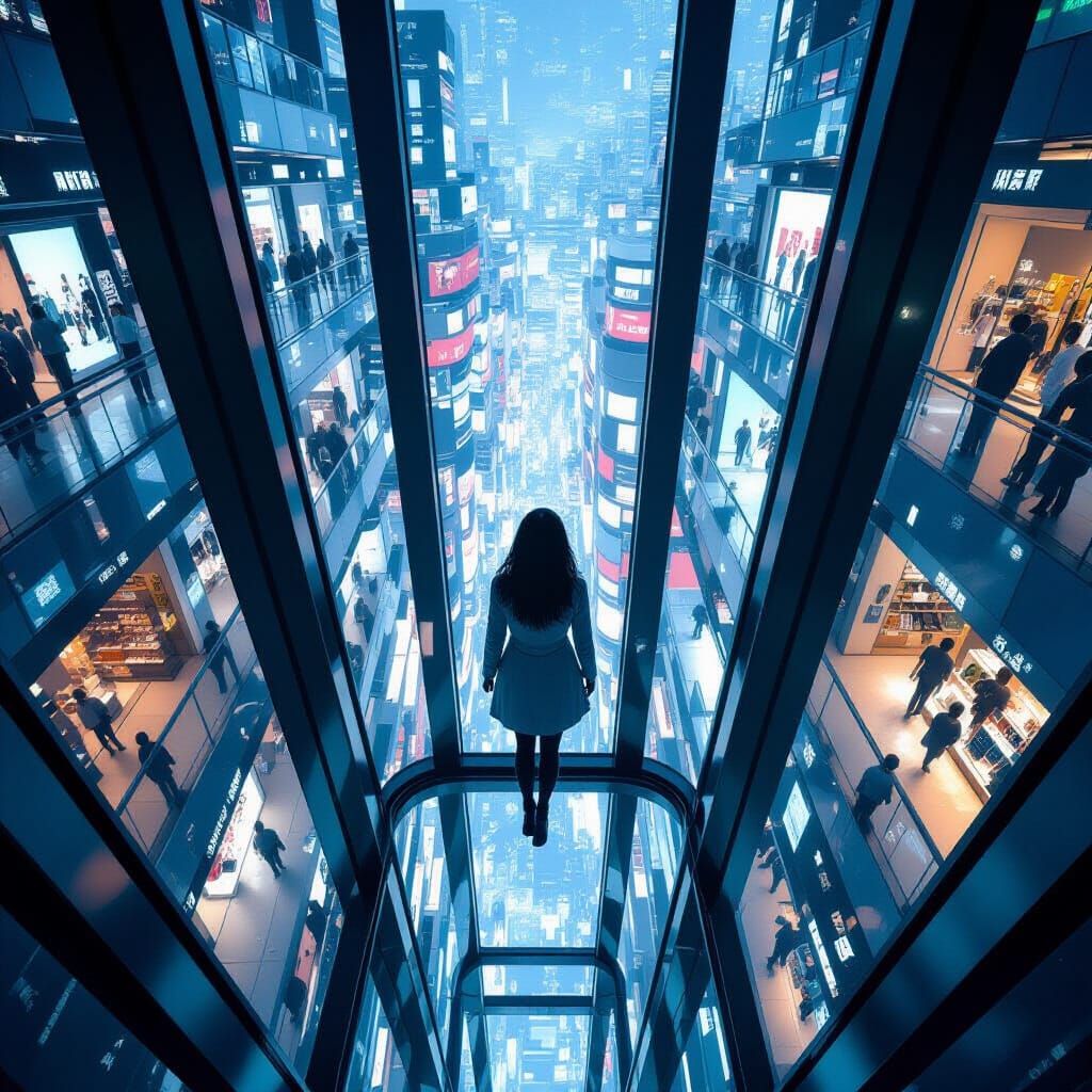 Futuristic Elevator Ascent in Hyperrealistic Style