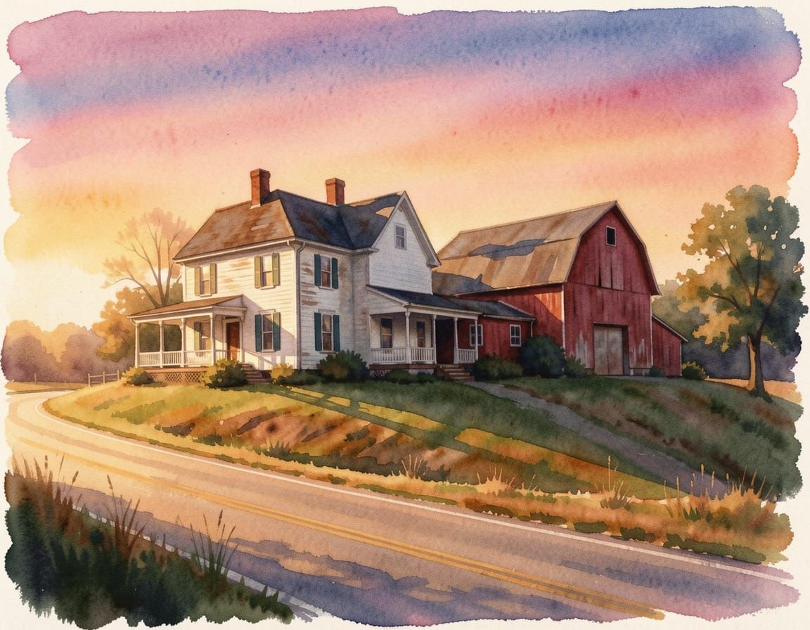 Colonial Farmhouse in Maine at Golden Hour