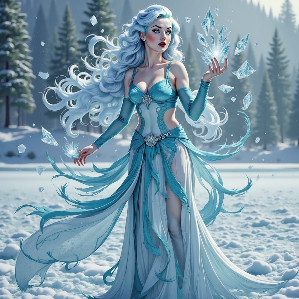 Icy Sorceress on Frozen Lake in Anime Style